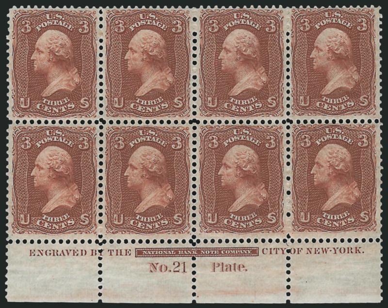 3c Deep Red Brown, Trial Color Plate Proof (65TC).> Bottom imprint and plate no. 21 block of eight, original gum, center block of four Mint N.H., deep rich color, razor-sharp impression showing every nuance of
the design, choice centering throughout<