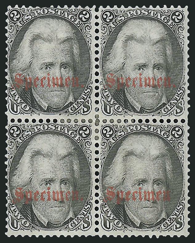 2c Black, Specimen Overprint Ty. B (73SB).> Block of four, <bottom right stamp no period after Specimen variety,> original gum, h.r., single short perf at top of top left stamp, Very Fine, a desirable block of
four of the Specimen ovpt. Ty. B with o
