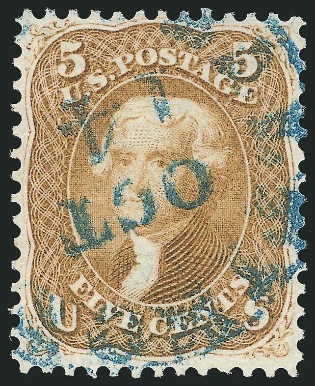 5c Buff (67).> Intense color and impression nicely contrasted by clear strike of <blue Baltimore datestamp,> choice centering for this difficult issue<><>^EXTREMELY FINE. A BRIGHT AND FRESH 1861 5-CENT BUFF WITH
LOVELY BLUE DATESTAMP CANCELLATION.^