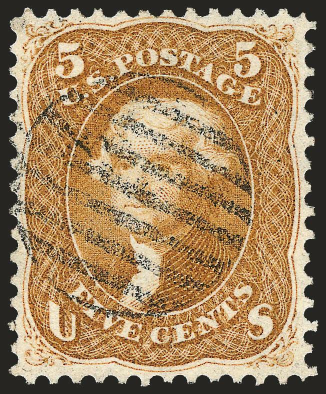 5c Buff (67).> Radiant color, choice centering for this difficult issue, neat strike of grid cancel, single perf tip added at bottom left (not mentioned on accompanying certificate), Very Fine appearance, with
2002 P.F. certificate