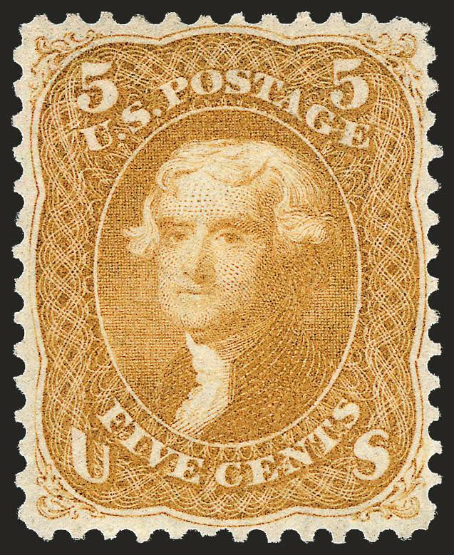 5c Brown Yellow (67a).> Unused (no gum), perfectly centered with even margins, beautiful bright color on fresh paper<><>^EXTREMELY FINE UNUSED EXAMPLE OF THE 1861 5-CENT BROWN YELLOW. ONE OF THE RAREST CLASSIC
ISSUES IN UNUSED CONDITION.^<><>A Po