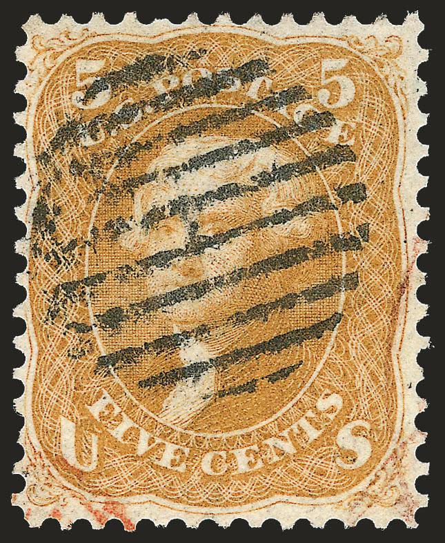 5c Brown Yellow (67a).> Beautiful bright color, bold strike of open grid cancel and also with part of red cancel at bottom left and also at right, Very Fine and choice, with 1996 P.F. certificate incorrectly
identifying this as the Buff shade