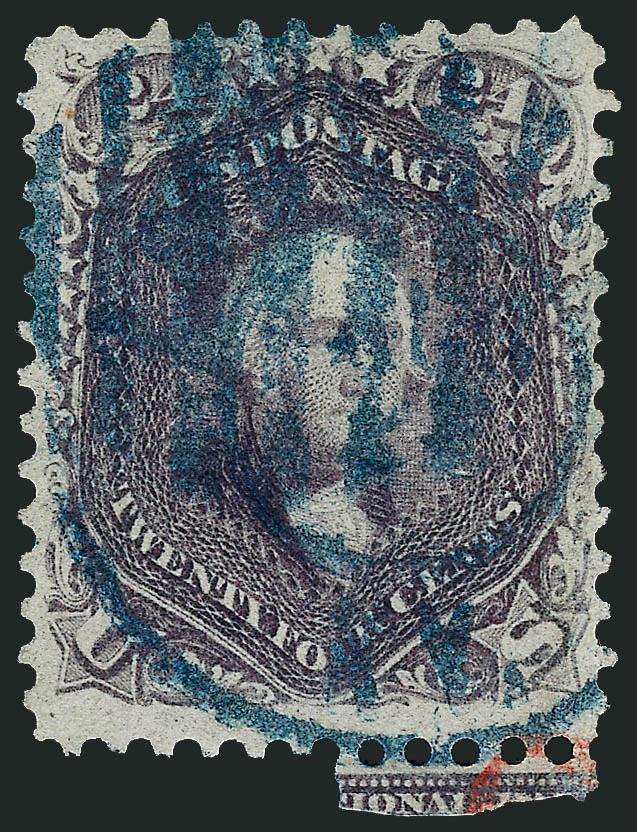 24c Violet, Thin Paper (70c).> Gorgeous rich color, bold strike of <blue> Louisville Ky. double-circle datestamp and grid cancel, partly intact selvage at bottom and with <trace of imprint> at bottom right, Very
Fine and choice, tremendous visual app