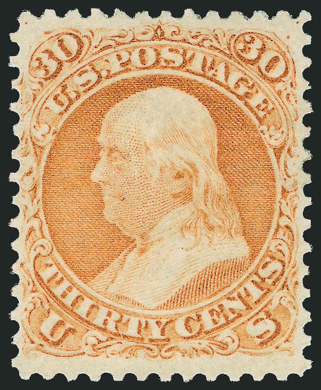 30c Orange (71).> Original gum, lightly hinged, vibrant color, unusually choice centering with perfectly-proportioned margins<><>^VERY FINE AND CHOICE. A BEAUTIFUL ORIGINAL-GUM EXAMPLE OF THE 30-CENT 1861 ISSUE.
SCARCE WITH SUCH CHOICE CENTERING.^<