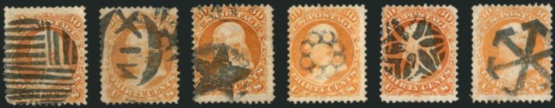 30c Orange (71).> 22 used singles, fantastic range of cancels incl. Nix, cogwheel, star, shield, Paid 30 in circle, negative US, several geometrics, few faults to be expected, the strikes of the cancels are all
Very Fine, fascinating group