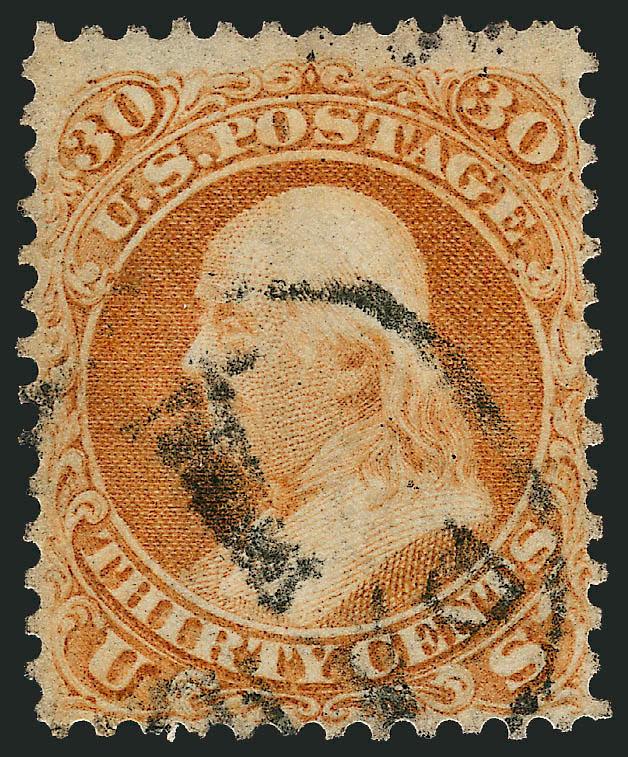 30c Orange (71).> Rich color, clear strike of <Paid 1 in circle> handstamp, Very Fine, unusual cancel on a high-denomination stamp, with 1997 P.F. certificate