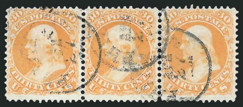 30c Orange (71).> Horizontal strip of three, rich color, neat strikes of Philadelphia circular datestamps, right stamp single perf tip added at bottom, otherwise Very Fine, Scott Retail as pair and
single