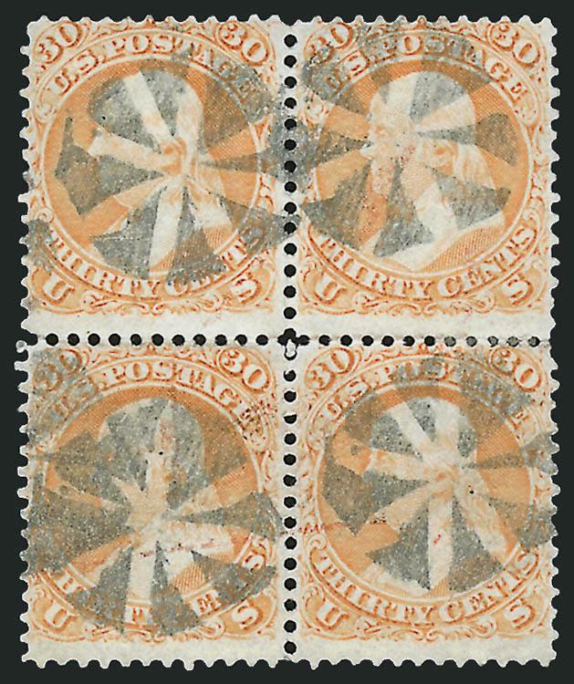 30c Orange (71).> Block of four, brilliant color, neat strikes of circle of wedges cancel, faint corner crease at bottom right, top right stamp tiny thin speck, few minor perf separations sensibly reinforced,
still Very Fine, scarce used block, this