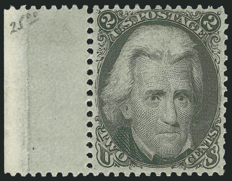 2c Black (73).> Left sheet selvage, original gum, barest trace of what may be hinging, exceptionally well-centered, small internal wrinkle not mentioned on accompanying certificate, Very Fine, with 1974 A.P.S.
and 2004 P.F. certificates