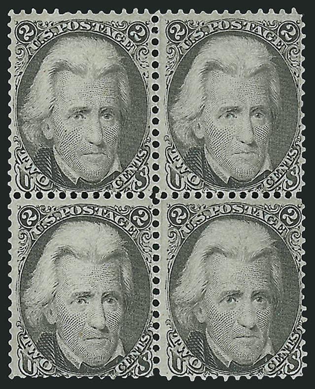 2c Black (73).> Block of four, original gum, lightly hinged, top left stamp corner crease at top left, appears Fine, scarce multiple, as an indication of rarity, the Scott Catalogue assigns a 2.5x premium for
the block