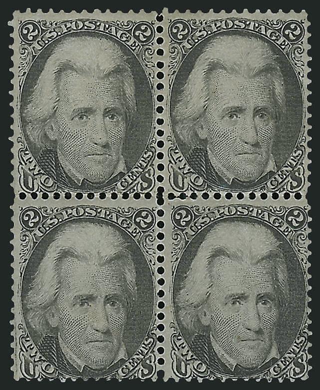 2c Black (73).> Block of four, original gum, lightly hinged, intense shade and impression, top right stamp diagonal crease at top right, Fine appearance, a scarce block, as an indication of rarity, the Scott
Catalogue assigns a 2.5x premium for the b