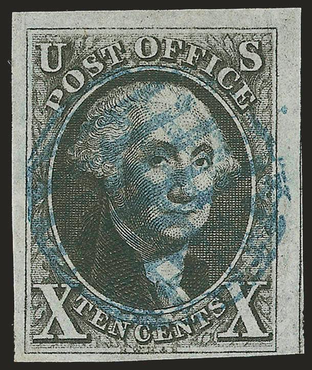 10c Black, Short Transfer (2 var).> Huge margins incl. trace of adjoining stamp at right, ample at bottom right, sharp detailed impression, cancelled by two <criss-crossing strikes of blue grid,> Very Fine and
choice, ex Steinway and Hall, with 2004