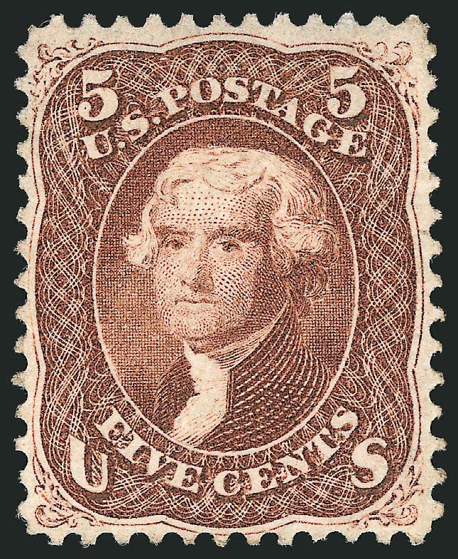 5c Red Brown (75).> Slightly disturbed original gum described on accompanying certificates as original gum, warm shade, well-balanced margins<><>^VERY FINE AND CHOICE. A RARE ORIGINAL-GUM EXAMPLE OF THE 5-CENT
IN THE 1862 RED BROWN SHADE.^<><>W