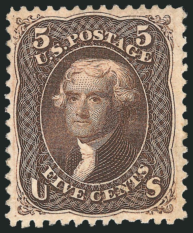 5c Brown (76).> Part original gum described on older certificate as part original gum and on most recent certificate as small part original gum, deep rich color and proof-like impression, fresh and Very Fine,
with 1993 and 2004 P.F. certificates, Sco