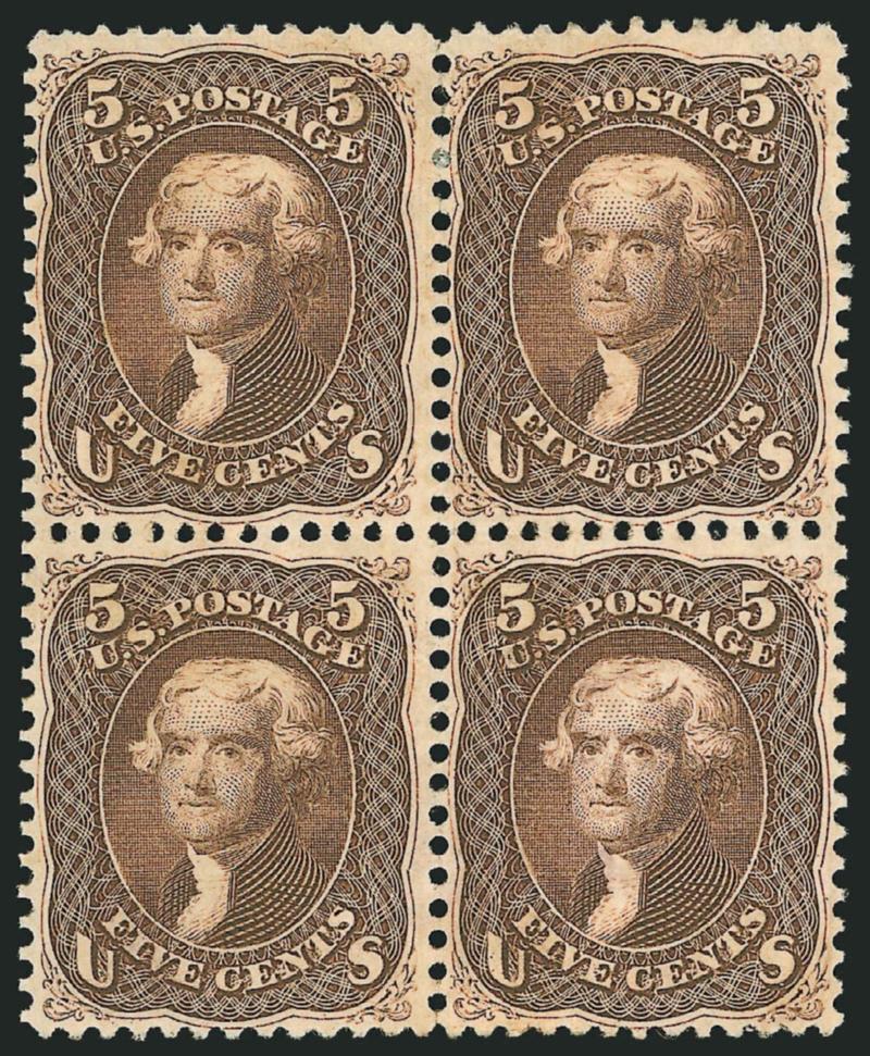 5c Brown (76).> Block of four, redistributed original gum over thin spots, rich color and proof-like impression, few light toned spots on back<><>^VERY FINE APPEARANCE. A SCARCE ORIGINAL-GUM BLOCK OF FOUR OF THE
5-CENT BROWN 1863 ISSUE.^<><>With