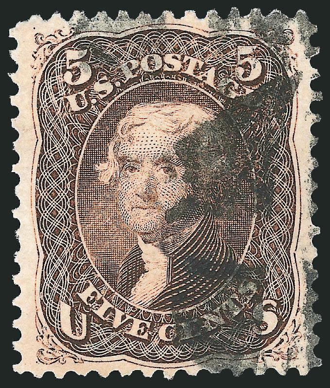 5c Brown (76).> Unusually wide margins and choice centering, brilliant color, bold cork cancel, Extremely Fine, a huge stamp, with 1987 P.F. certificate