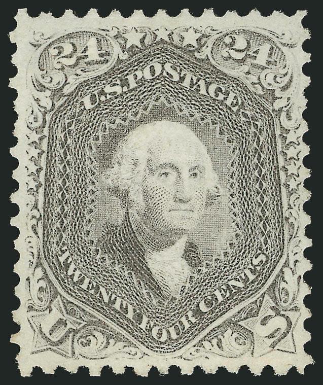 24c Lilac (78).> Original gum, lightly hinged, attractive deep shade and proof-like impression on bright fresh paper<><>^EXTREMELY FINE. THE 24-CENT 1863 ISSUE IS EXTREMELY RARE IN SOUND AND WELL-CENTERED
ORIGINAL-GUM CONDITION. A FAR GREATER CHALL
