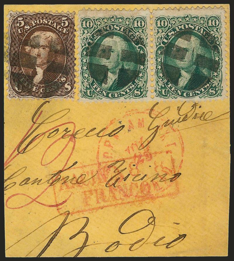 1861-66 Issue Balance.> 22 singles and a piece bearing pair of No. 68 and single No. 76, singles incl. Nos. 63 (4, different shades and cancels), 68 (2), 69, three 73 (4), 24c, 72, 76, 77, some flaws, appear
Fine-Very Fine