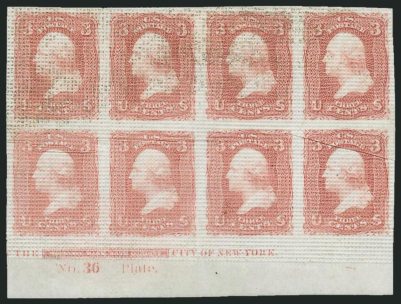 3c Rose, All-Over Grill Essay, Points Down (79-E15a).> Bottom imprint and plate no. 36 block of eight, top essays traces of or part original gum, large margins, bright color, few creases affect bottom stamps,
appears Very Fine, scarce and desirable p