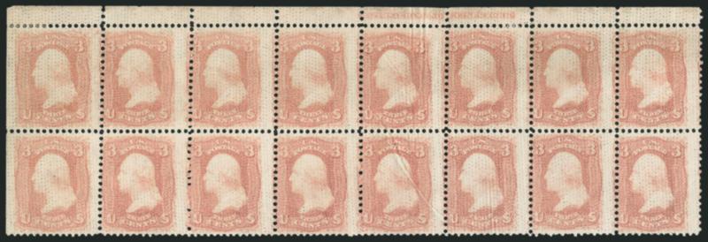 3c Rose, All-Over Pinpoint Grill Essay (79-E15d).> The so-called Music Box grill, top selvage block of eight with <imprint,> natural s.e. at left, mostly Mint N.H., few stamps at center with natural paper
wrinkles, top left stamp light corner creas