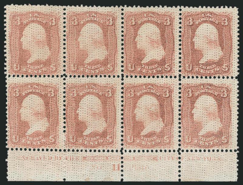 3c Rose, All-Over Pinpoint Grill Essay (79-E15d).> The so-called Music Box grill, bottom <imprint and plate no. 11> block of eight, barely hinged with few Mint N.H., surprisingly intact perfs, Fine, scarce plate
block as we have only offered three
