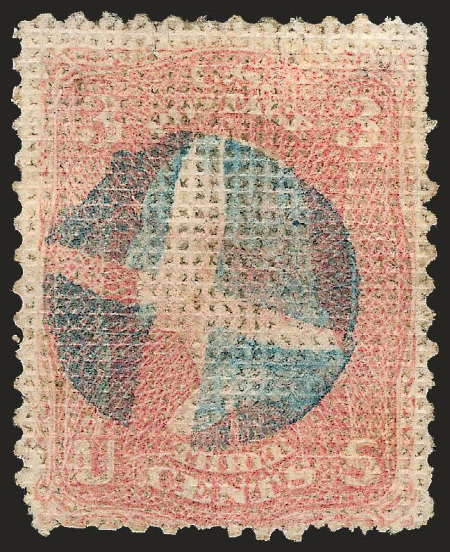 3c Rose, A. Grill (79).> Clearly-defined grill and with much better perfs than usually found on this issue, bright color, neat strike of <blue quartered cork> cancel, small sealed tear at top left not mentioned
on accompanying certificate, otherwise