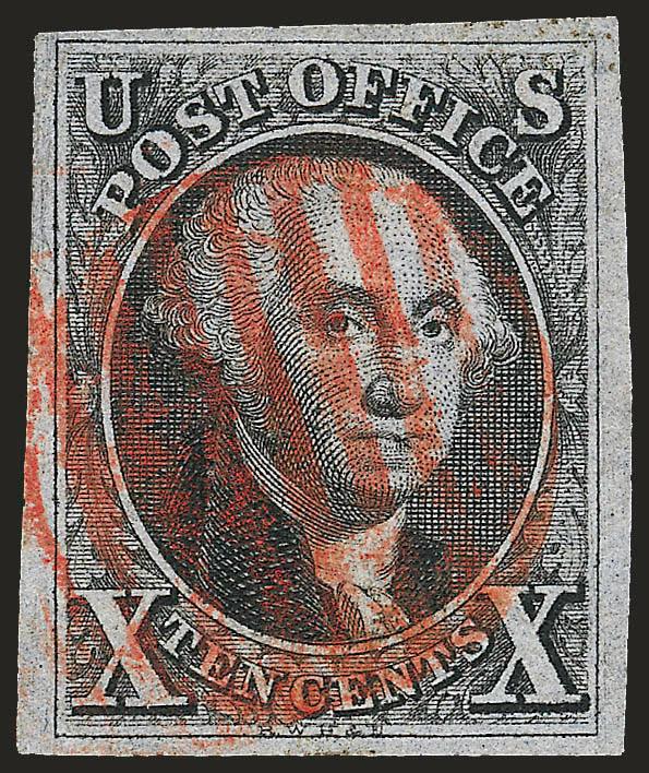 10c Black (2).> Position 55R1, large margins to full, detailed impression, neat strike of red grid cancel, Very Fine and choice, with 1983 P.F. certificate