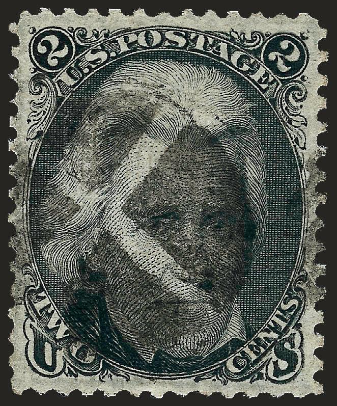 2c Black, D. Grill (84).> Deep shade and proof-like impression, clear grill, bold strike of quartered cork cancel, almost perfectly centered, faint corner crease at lower left<><>^EXTREMELY FINE APPEARANCE. A
GORGEOUS USED EXAMPLE OF THE RARE 1868