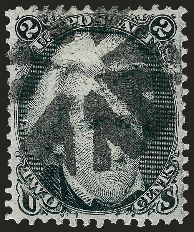 2c Black, Z. Grill (85B).> Intense shade and proof-like impression on bright paper, bold strike of circle of Vs cancel, clearly-defined grill, unusually choice centering<><>^EXTREMELY FINE. A
BEAUTIFULLY-CENTERED EXAMPLE OF THE 1868 2-CENT Z GRILL