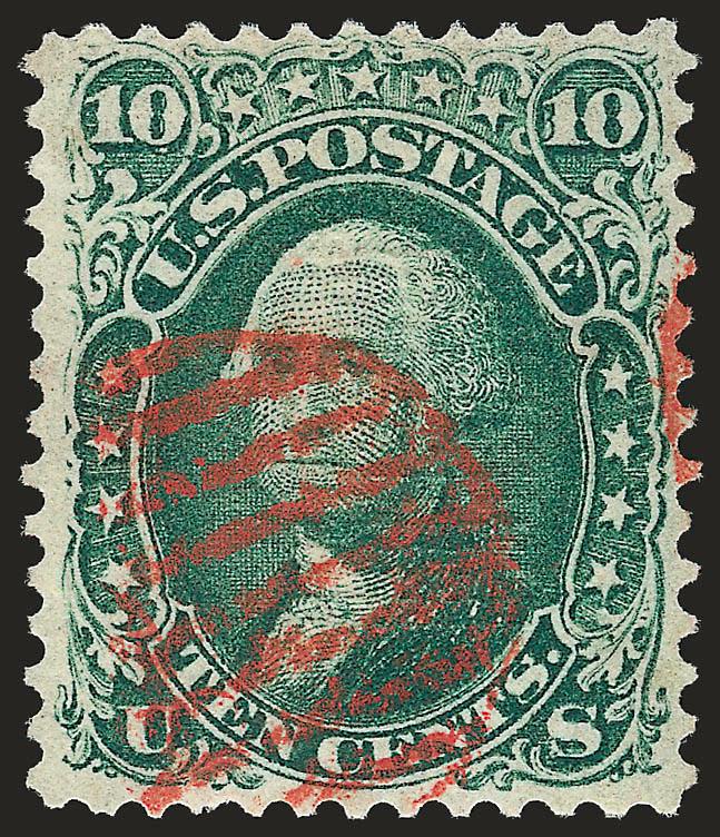 10c Green, E. Grill (89).> Brilliant color nicely complemented by <red grid> cancel, well-balanced margins, Very Fine and choice, a beautiful stamp, with 1996 P.F. certificate