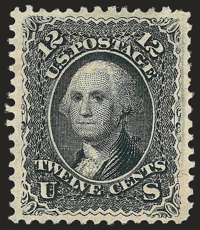 12c Black, E. Grill (90).> Unused (no gum), deep shade and proof-like impression, unusually choice centering with well-proportioned margins<><>^EXTREMELY FINE. A BEAUTIFUL UNUSED EXAMPLE OF THE 1868 12-CENT E
GRILL.^<><>With 1992 P.F. certificate