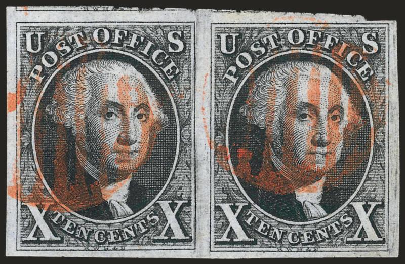 10c Black (2).> Horizontal pair, large to enormous margins showing parts of adjoining stamps at top, beautiful proof-like impression, neat strikes of red-orange grids<><>^EXTREMELY FINE GEM PAIR OF THE 10-CENT
1847 ISSUE.^<><>Ex Moody and Hall. W