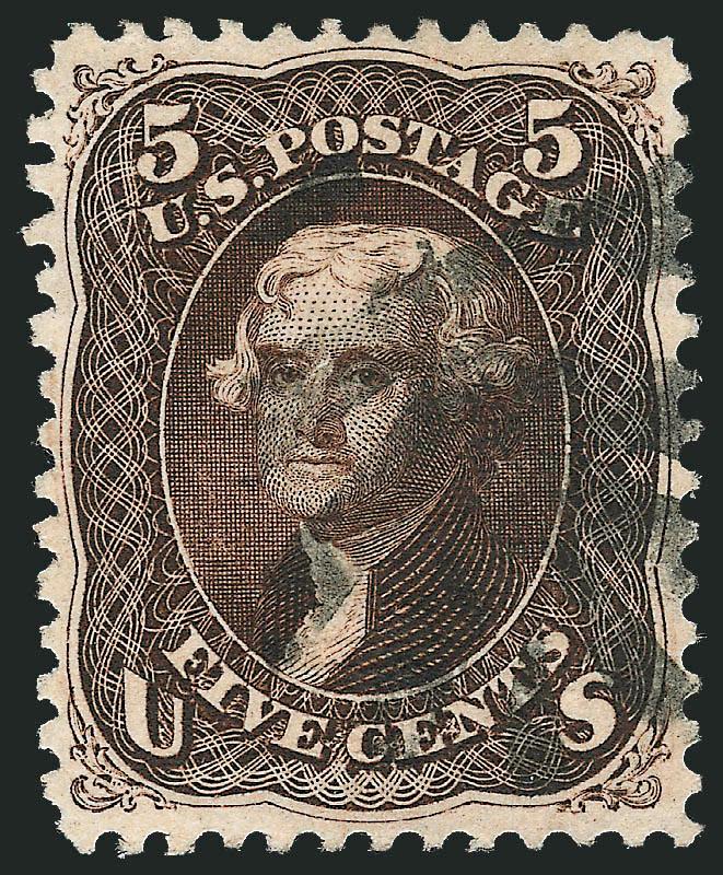 5c Black Brown, F. Grill (95a).> Deep rich color and proof-like impression, superior centering with perforations completely clear of the design on all four sides, cork cancel<><>^EXTREMELY FINE GEM. A SUPERB
USED EXAMPLE OF THE 1868 5-CENT F GRILL,