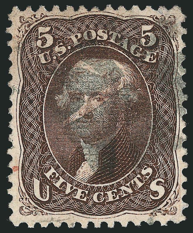 5c Brown, F. Grill (95).> Rich color and detailed impression, choice centering for this difficult issue, cork cancel and also spot of red cancel at bottom left, Extremely Fine, a beautiful stamp, with 1992 P.F.
certificate