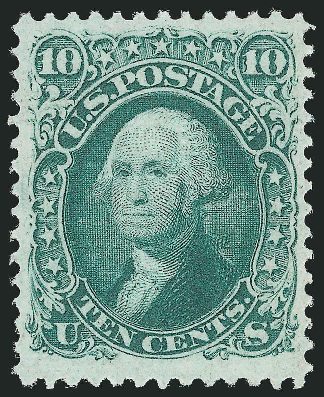 10c Green, F. Grill (96 var).> Original gum, lightly hinged, deep rich color and sharp proof-like impression on crisp paper, beautifully centered, strong grill<><>^EXTREMELY FINE. A GORGEOUS ORIGINAL-GUM EXAMPLE
OF THE 1868 10-CENT F GRILL.^<><>E
