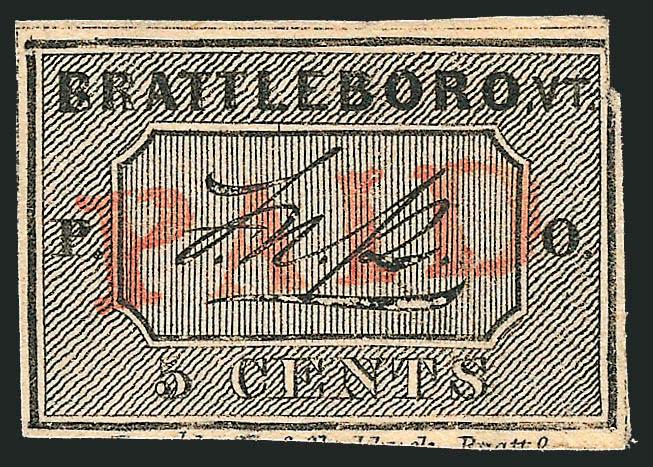 Brattleboro Vt., 5c Black on Buff (5X1).> Position 8, <bottom sheet margin with part of imprint Engd. by Thos. Chubbuck, Bratto.,> large margins except where just into frameline at upper right corner, <red Paid>
cancel, two faint vertical creases