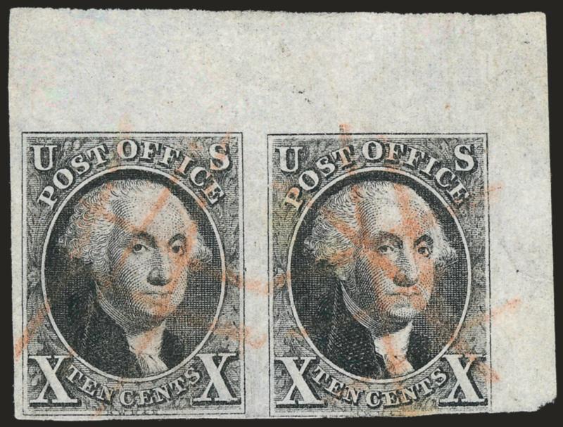 10c Black (2).> Top right sheet margin horizontal pair, large margins other sides to just in at bottom, unusual red crayon cancels, right stamp lightened toned spots<><>^FINE-VERY FINE. A STUNNING TOP RIGHT
CORNER SHEET-MARGIN PAIR OF THE 10-CENT 1