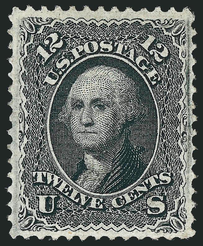 12c Black, F. Grill (97).> Large part original gum, intense shade and impression, gorgeous centering with well-balanced margins<><>^EXTREMELY FINE. A SUPERB EXAMPLE OF THE 1868 12-CENT F GRILL. SCARCE WITH SUCH
CHOICE CENTERING.^<><>With 1999 P.F