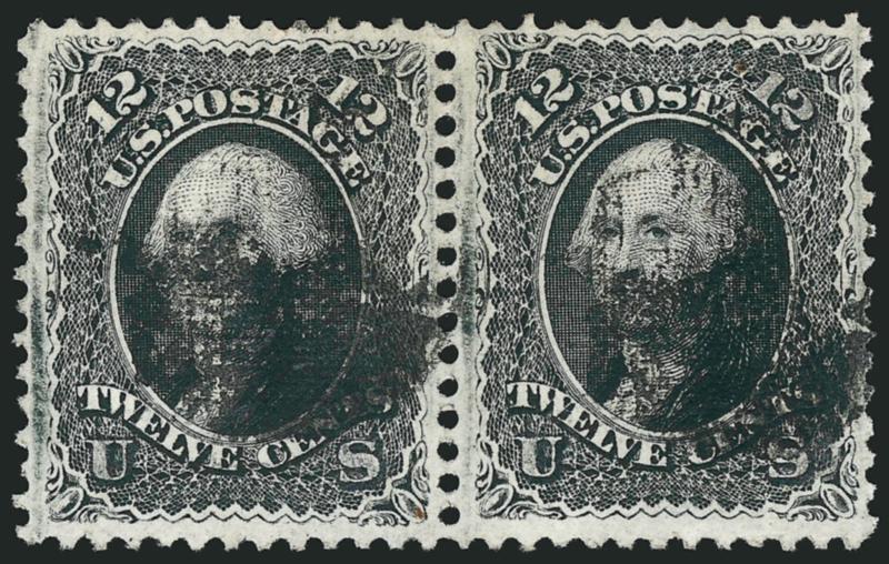 12c Black, F. Grill (97).> Horizontal pair, deep shade, bold cork cancels, Very Fine, with 1986 P.F. certificate