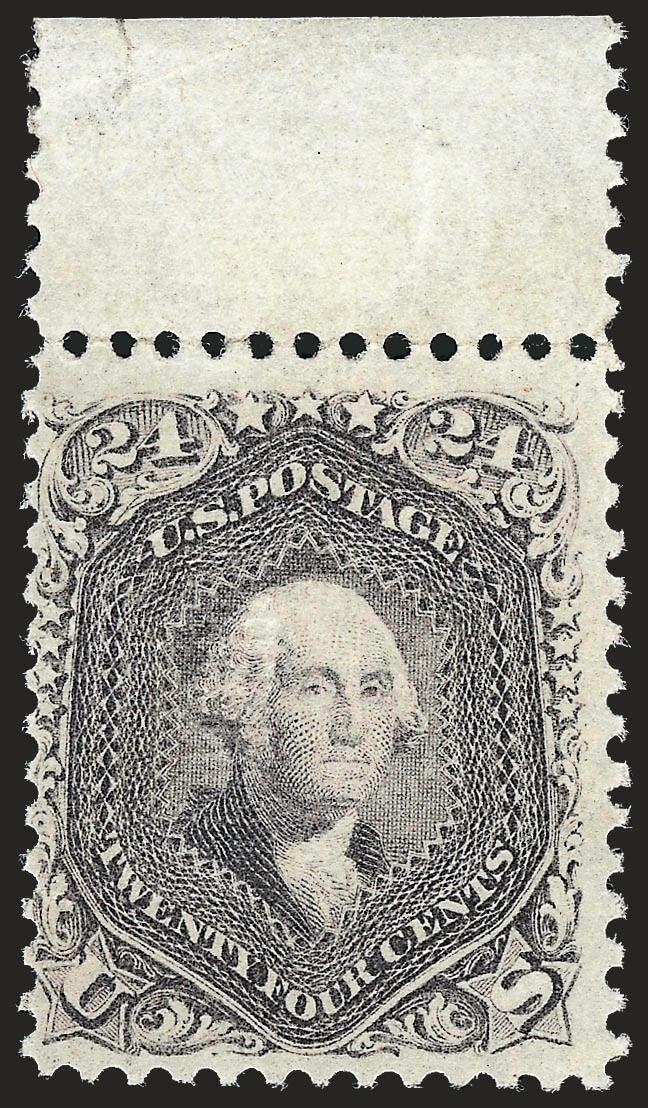 24c Gray Lilac, F. Grill (99).> Selvage at top, original gum, lightly hinged, clearly-defined grill, sharp proof-like impression, tiny tear at top of selvage not mentioned on accompanying certificate (easily
trimmed)<><>^VERY FINE. A BEAUTIFUL AND