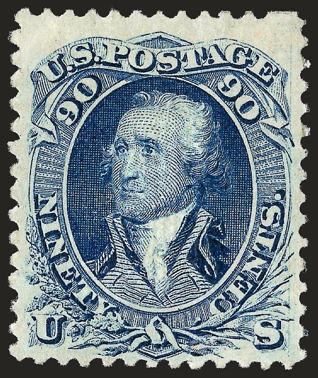 90c Blue, F. Grill (101).> Original gum, single hinge mark, clearly-defined grill, rich color on bright paper, tiny insignificant perf tip thin at right not mentioned on accompanying certificate<><>^VERY FINE
APPEARANCE. A RARE ORIGINAL-GUM EXAMPLE