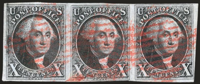 10c Black (2).> Horizontal strip of three, large margins to clear, intense shade nicely complemented by red New York square grid cancels, left stamps small bleach spots on back, which are often seen and are just
a sign of their age<><>^FINE APPEARA