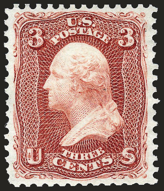 3c Brown Red, Re-Issue (104).> Unused (no gum), deep rich color on brilliant paper, well-balanced margins<><>^EXTREMELY FINE. A GORGEOUS UNUSED EXAMPLE OF THE 3-CENT 1861 RE-ISSUE.^<><>Only 465 sold. With 1986
P.F. certificate