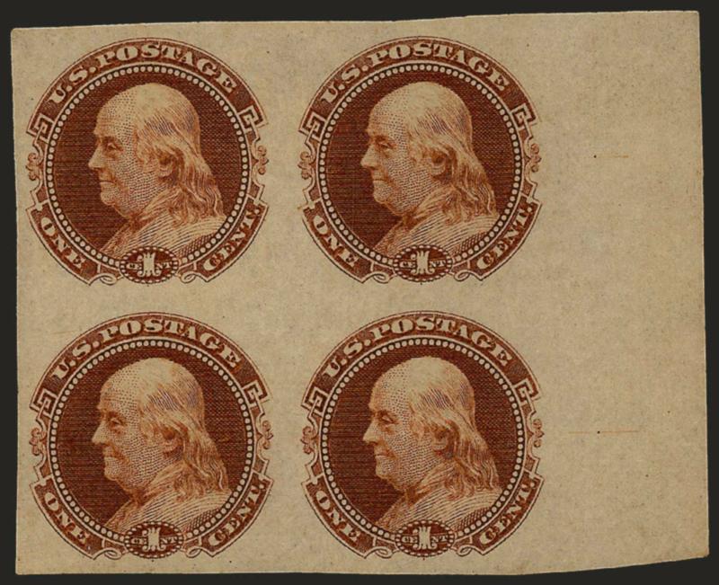 1c Small Numeral, Plate Essay on Stamp Paper, Imperforate (112-E4b).> Two blocks of four, Orange Brown and Buff, first with sheet margin at left and original gum, h.r., second unused (no gum), large margins,
Very Fine