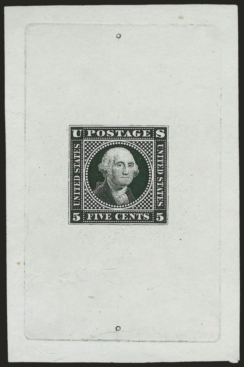 5c Washington, Large Lettering, Large Die Essay on India Paper (115-E1b).> Five different, from 26 x 29mm to 49 x 75mm, range of colors, few faults as often associated with this fragile paper, appear Fine-Very
Fine, ex Lafayette and Lake Shore