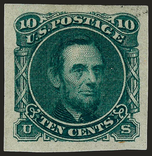 10c Lincoln, Plate Essays on Stamp Paper (116-E1k).> Horizontal pair and three singles, the pair with sheet margin at left, large margins, rich colors with no duplication, the pair without gum, Very Fine