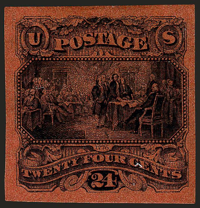 24c Black on Red Salmon Tinted Paper, Small Numeral Plate Essay (120-E2c).> Large margins, intense shade, Very Fine and choice