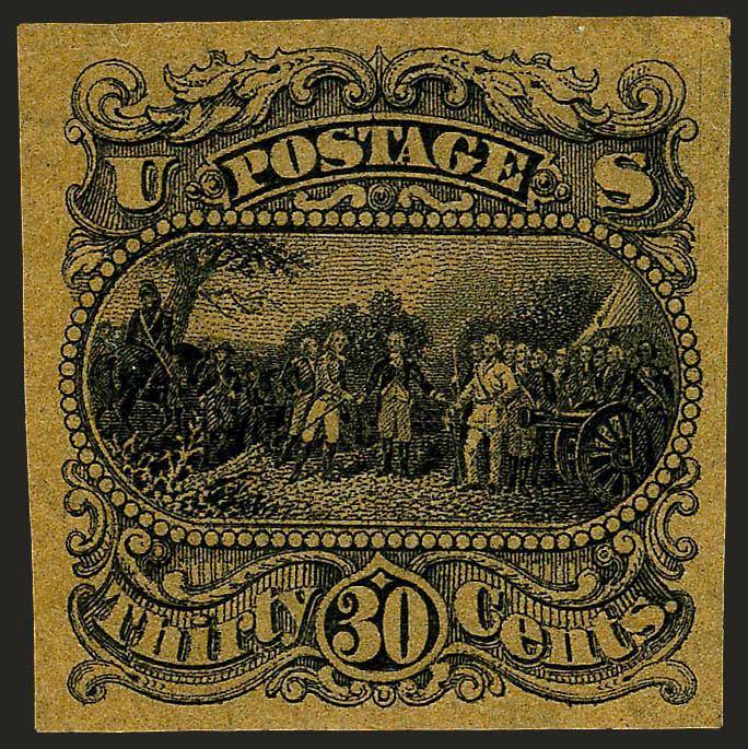 30c Black, Burgoyne Plate Essay on Thin Surface-Tinted Paper (121-E1p).> Ten, large margins, wide range of paper colors, Very Fine and choice, a desirable group