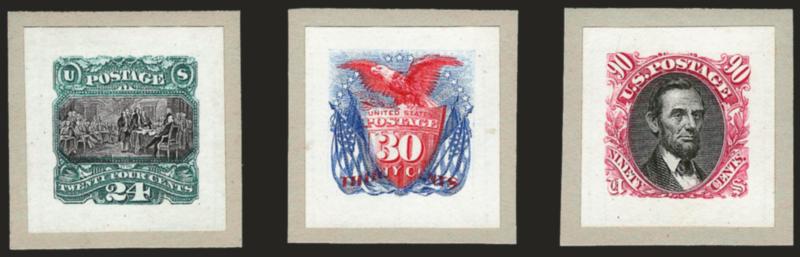 1c-90c 1869 Pictorial, Small Die Proofs on India (112P2-122P2).> Complete set incl. both 15c types, on original gray card backing, rich colors as fresh as the day they were printed<><>^VERY FINE. A BEAUTIFUL AND
RARE SET OF SMALL DIE PROOFS FROM TH
