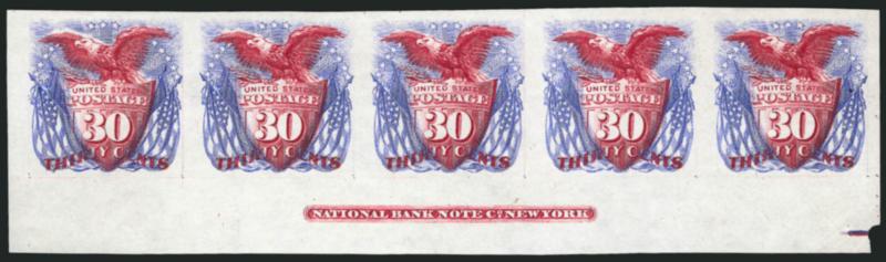 30c Ultramarine & Carmine, Plate Proof on India (121P3).> Bottom imprint strip of five, large margins all around, brilliant colors, Extremely Fine, a desirable position multiple, Scott Retail as singles